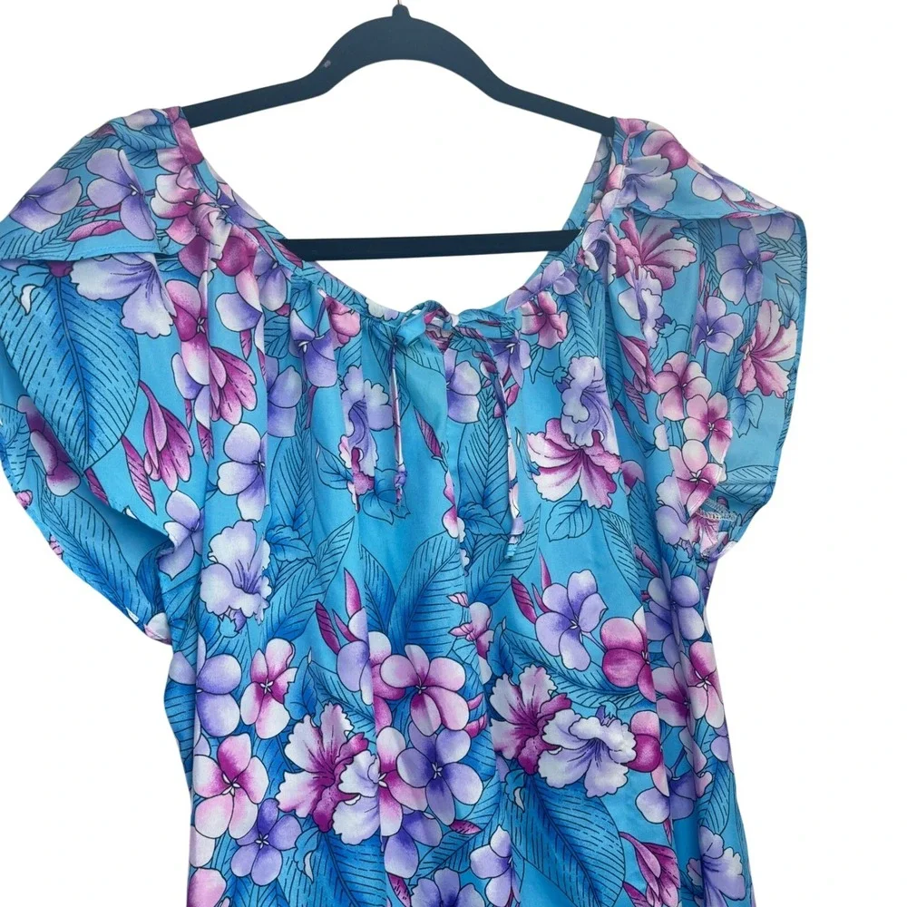 VTG Hilo Hatties Dress Blue Floral Flutter Sleeve Muumuu Hawaiian Tropical XL‎